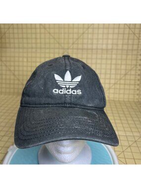 Adidas Originals Black Adjustable Strapback Hat With Trefoil Logo Distressed Loo